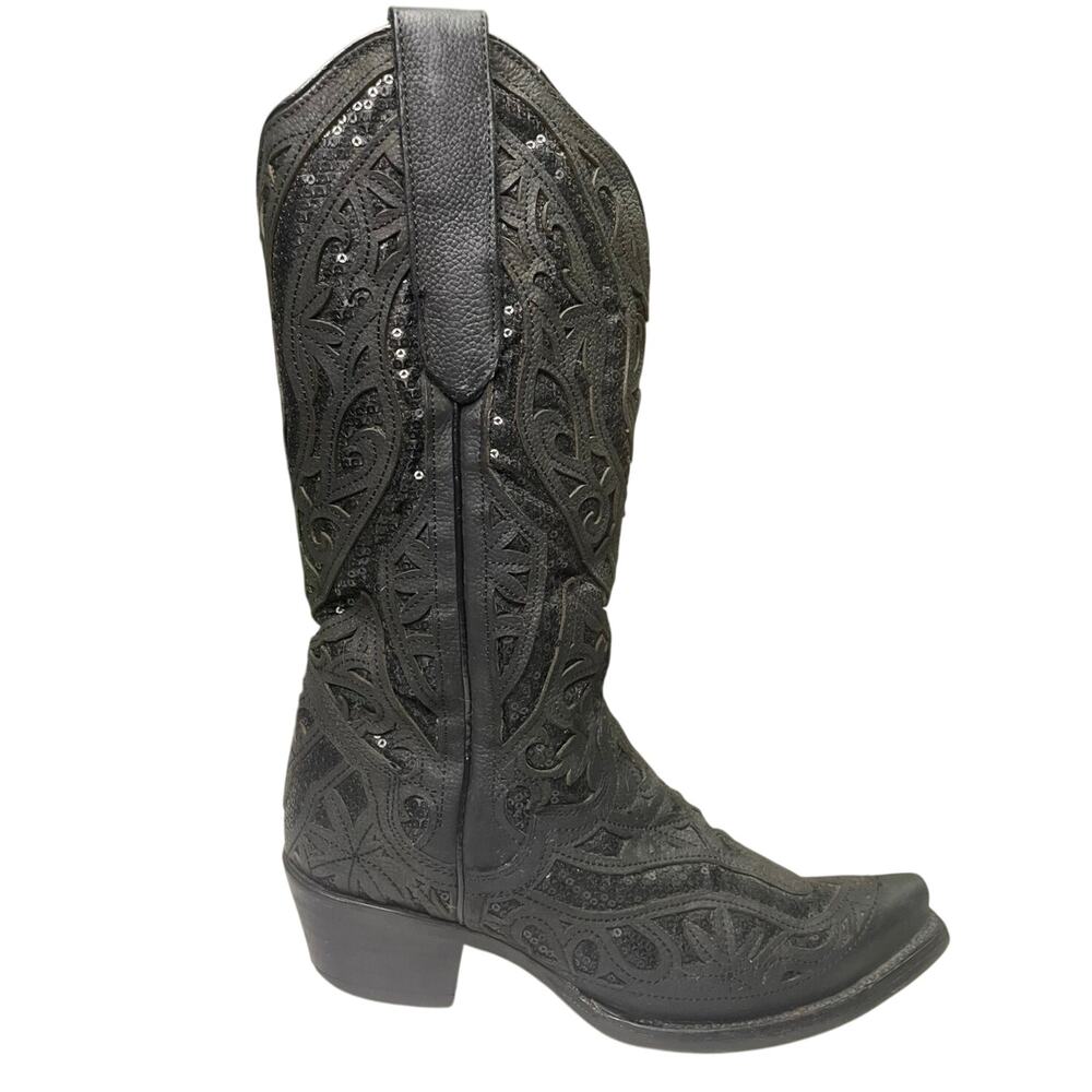 VGUC - J.B Dillon Reserve Poppy Black Leather & Sequins Western Boot